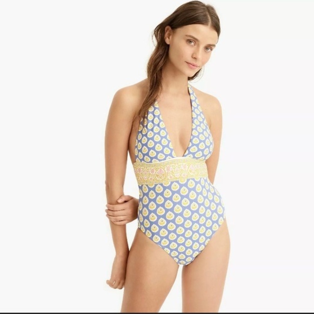 J.Crew Plunging Halter Blockprint Floral Swimsuit One Piece Size 8 Blue Yellow